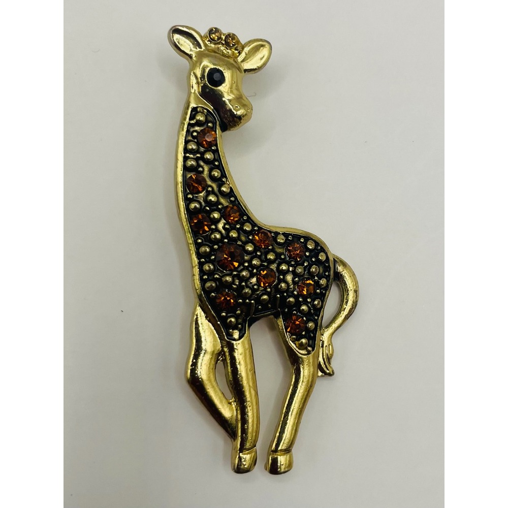 Vintage Gold Tone Giraffe Brooch Amber Rhinestone Zoo Wildlife Safari Animal Pin